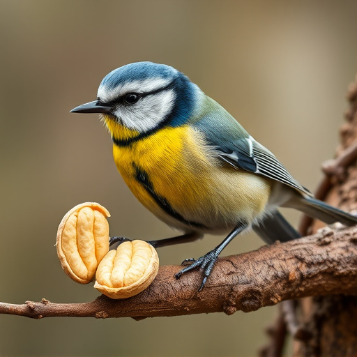 Blue tit holding peanut piece