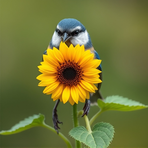 Blue tit holding sunflower heart in beak