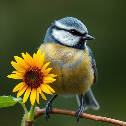 Blue tit holding sunflower heart in beak