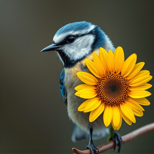 Blue tit holding sunflower heart in beak