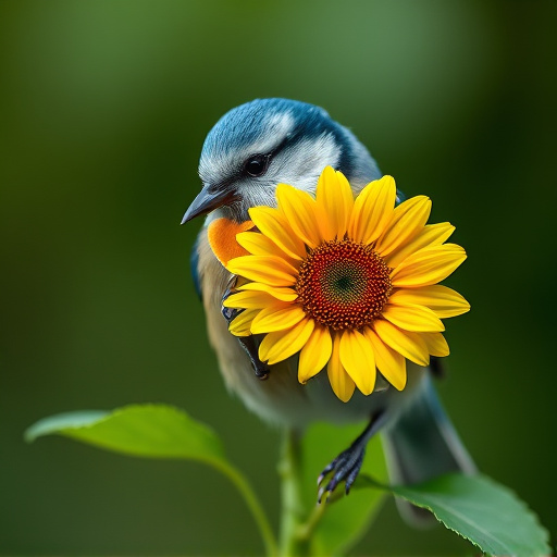 Blue tit holding sunflower heart in beak