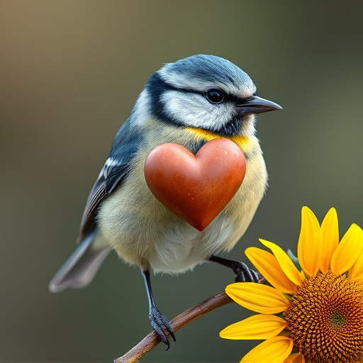 Blue tit holding sunflower heart in beak