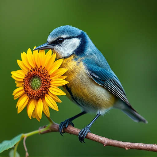 Blue tit holding sunflower heart in beak