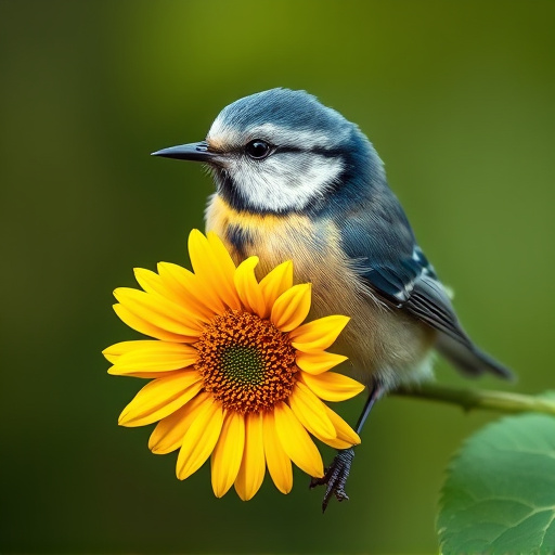 Blue tit holding sunflower heart in beak