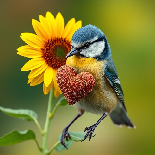 Blue tit holding sunflower heart in beak