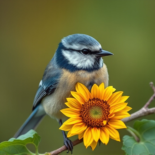 Blue tit holding sunflower heart in beak