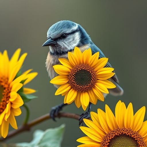 Blue tit holding sunflower heart in beak