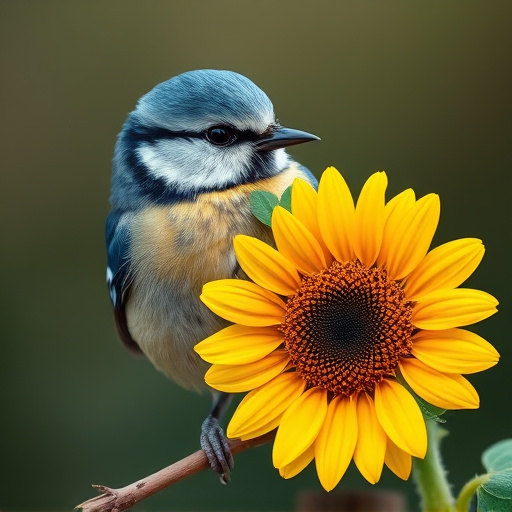Blue tit holding sunflower heart in beak