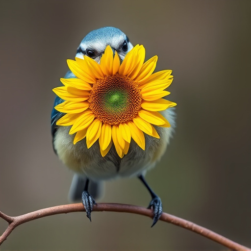 Blue tit holding sunflower heart in beak