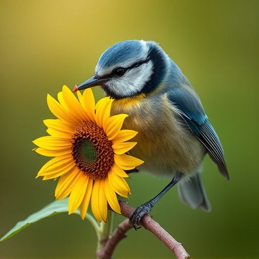 Blue tit holding sunflower heart in beak