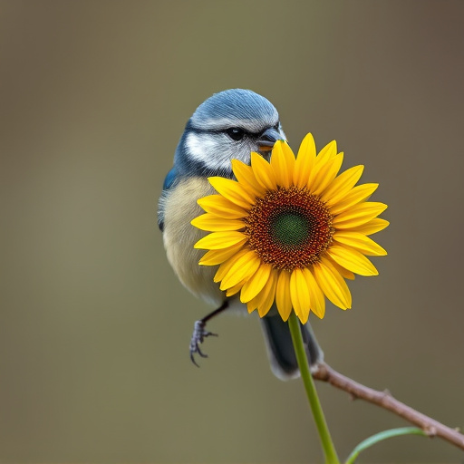 Blue tit holding sunflower heart in beak