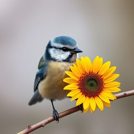 Blue tit holding sunflower heart in beak