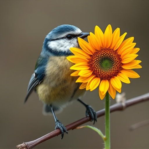 Blue tit holding sunflower heart in beak