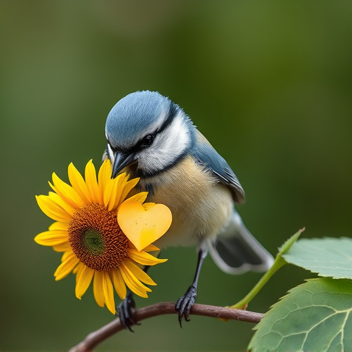 Blue tit holding sunflower heart in beak