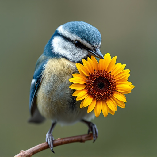 Blue tit holding sunflower heart in beak