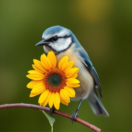 Blue tit holding sunflower heart in beak
