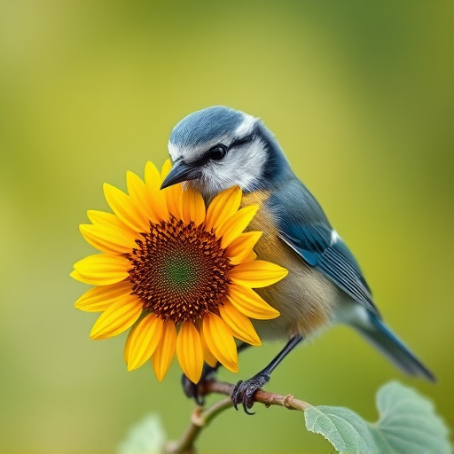 Blue tit holding sunflower heart in beak