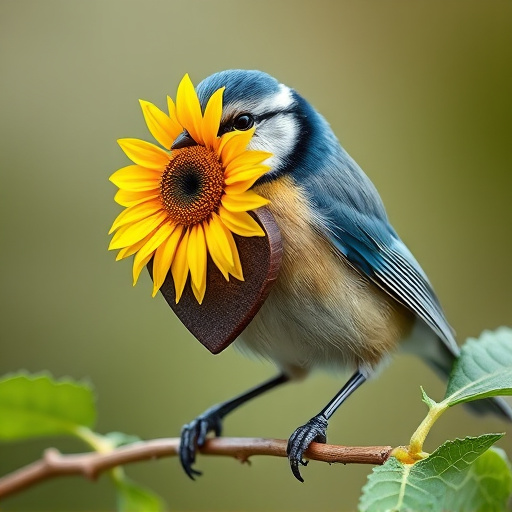 Blue tit holding sunflower heart in beak