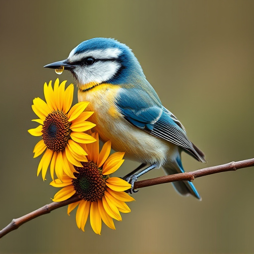 Blue tit holding sunflower heart in beak