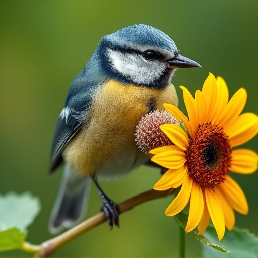 Blue tit holding sunflower heart in beak