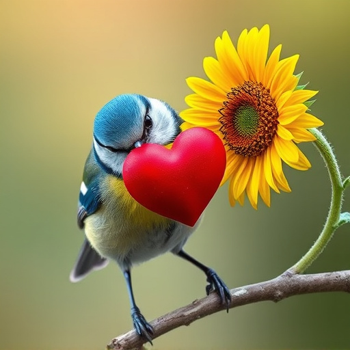 Blue tit holding sunflower heart in beak