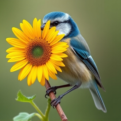 Blue tit holding sunflower heart in beak