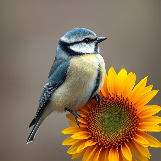 Blue tit holding sunflower heart in beak