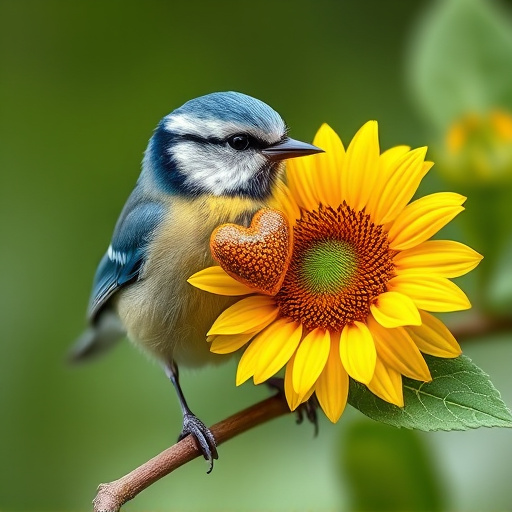 Blue tit holding sunflower heart in beak