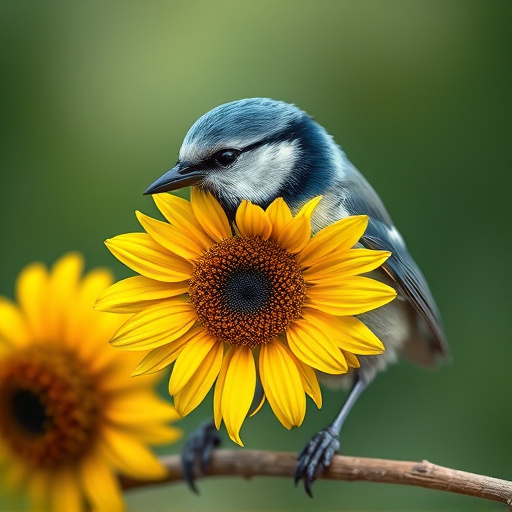 Blue tit holding sunflower heart in beak