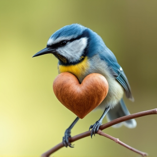 Blue tit holding sunflower heart in beak