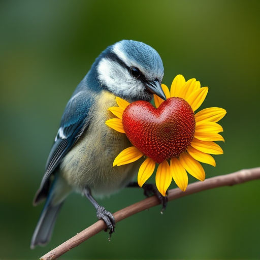 Blue tit holding sunflower heart in beak