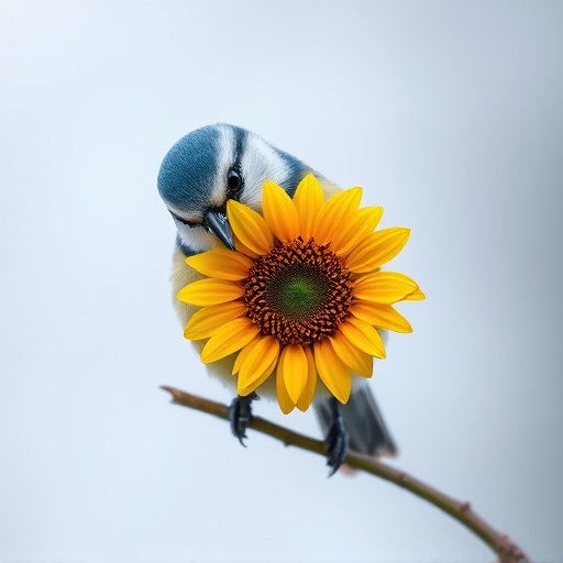 Blue tit holding sunflower heart in beak