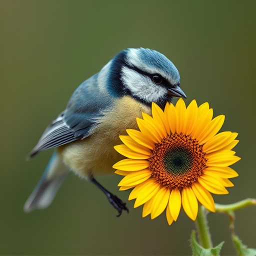 Blue tit holding sunflower heart in beak