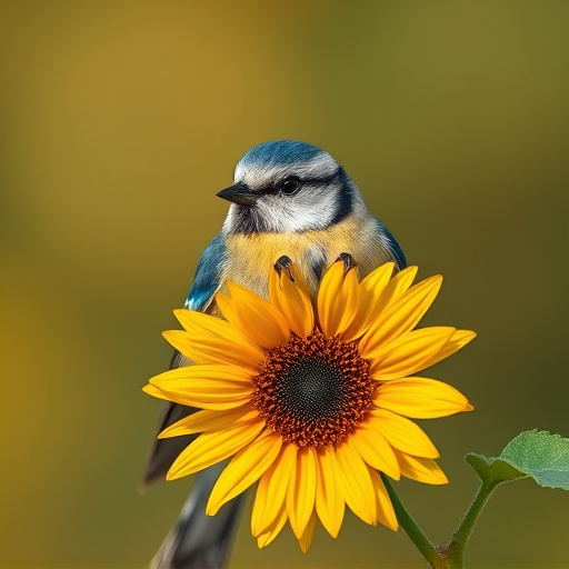 Blue tit holding sunflower heart in beak