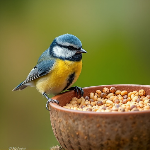 Blue tit perched beside mealworms bowl