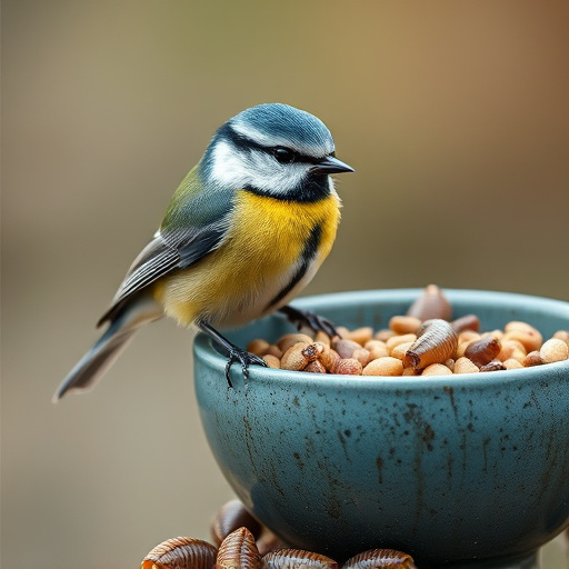 Blue tit perched beside mealworms bowl