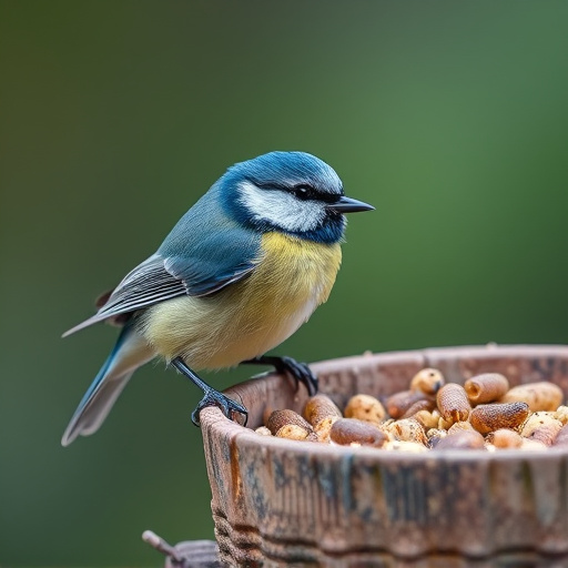 Blue tit perched beside mealworms bowl