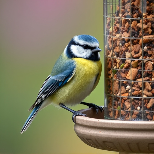 Blue tit perched on garden suet feeder