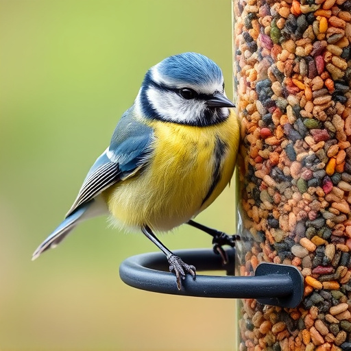 Blue tit perched on garden suet feeder