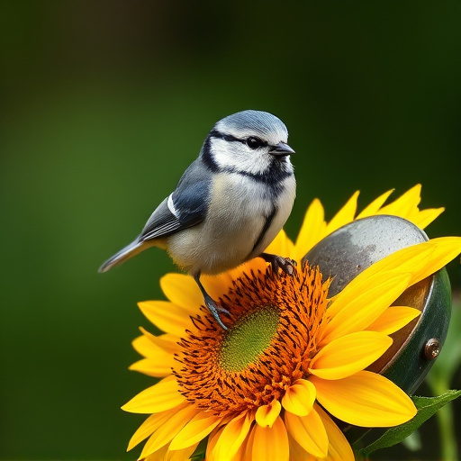 Blue tit perched on sunflower heart feeder