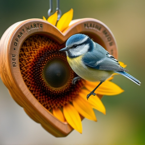 Blue tit perched on sunflower heart feeder