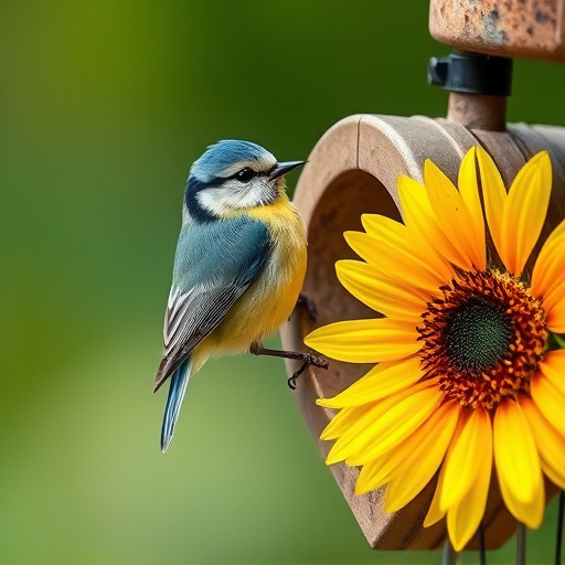 Blue tit perched on sunflower heart feeder