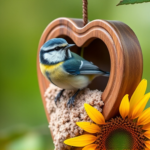 Blue tit perched on sunflower heart feeder