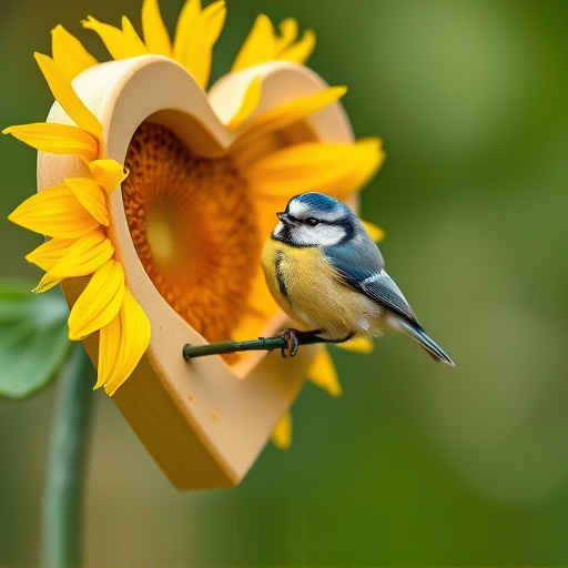 Blue tit perched on sunflower heart feeder