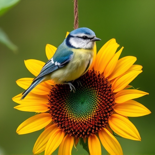 Blue tit perched on sunflower heart feeder