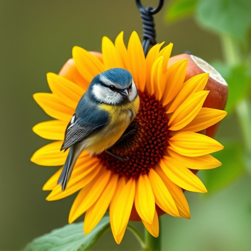 Blue tit perched on sunflower heart feeder