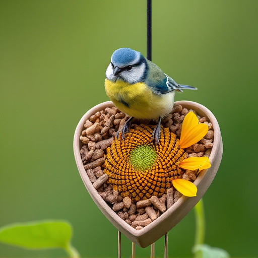 Blue tit perched on sunflower heart feeder