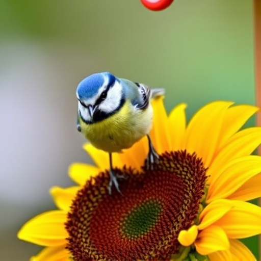 Blue tit perched on sunflower heart feeder