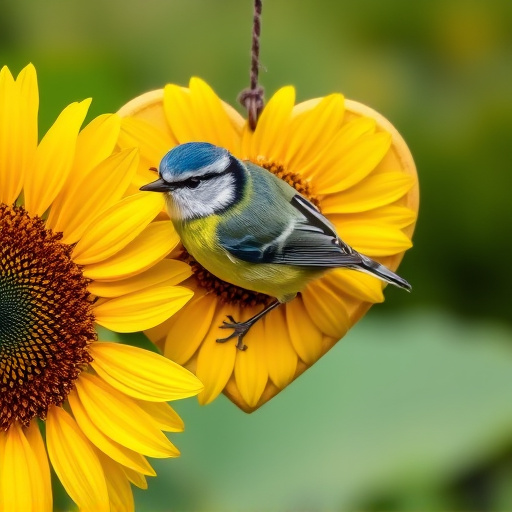 Blue tit perched on sunflower heart feeder