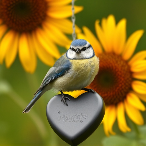 Blue tit perched on sunflower heart feeder